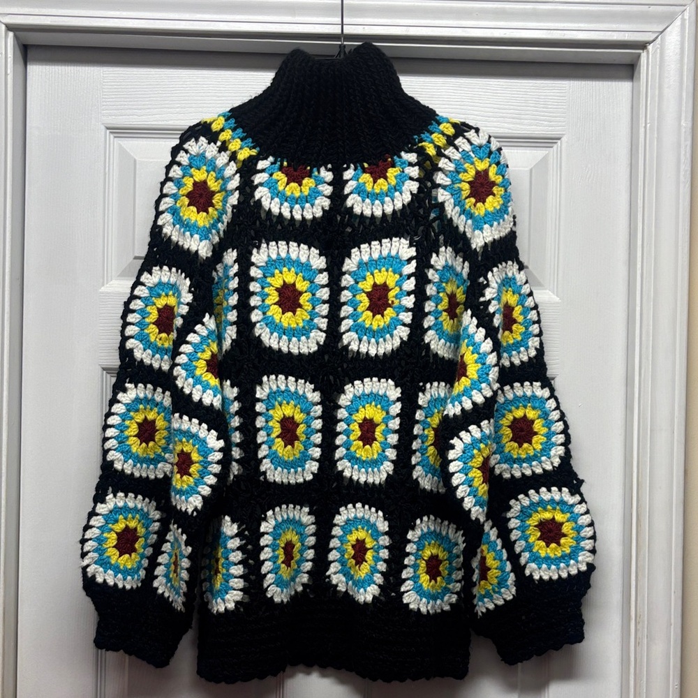 POL Granny Square Patch Colorful Crochet Patterned Sweater Oversized Small
